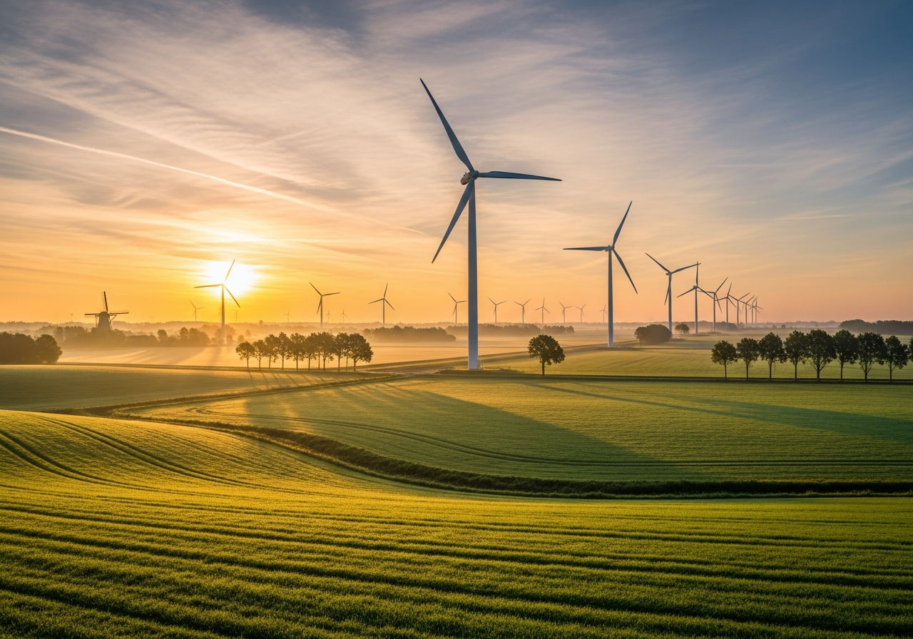 Wind turbines in a Netherlands landscape at sunrise